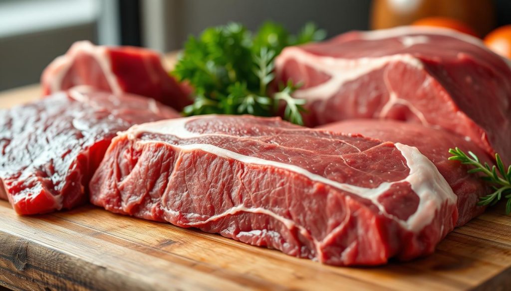 A high-quality close-up of fresh beef cuts displayed on a wooden surface, showcasing their natural color, texture, and marbling. The lighting is soft and even, casting subtle shadows that highlight the contours of the meat. The background is blurred, keeping the focus solely on the selection of beef. The image conveys a sense of quality, care, and attention to detail in the preparation of the ingredients for a delicious beef dish.