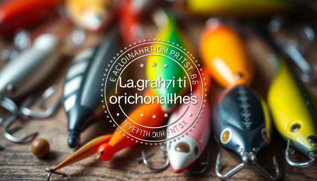 A high-quality, detailed image of the "гарантия оригинальности" seal against a soft, blurred background showcasing various fishing lures and baits. The seal should be prominently displayed, with crisp and vivid details that highlight its authenticity and quality assurance. The lures and baits in the background should be well-lit, with a focus on their intricate designs and textures, creating an overall impression of a premium online fishing store, 7fishing.com.ua. The lighting should be warm and natural, with a slight depth of field to draw the viewer's attention to the central "гарантия оригинальности" seal.