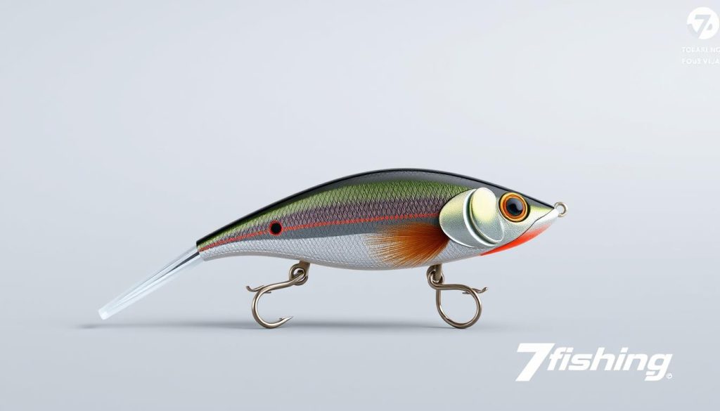A high-quality, detailed rendering of a fishing lure, specifically a minnow-style wobblers. The lure is shown against a plain, neutral background, with a focus on its intricate construction and design elements. The lighting is natural and evenly distributed, highlighting the textures and colors of the lure. The angle of the shot allows for a clear view of the lure's shape, size, and overall proportions. The image should convey a sense of technical precision and craftsmanship, reflecting the high-quality construction of the "7fishing.com.ua" brand.