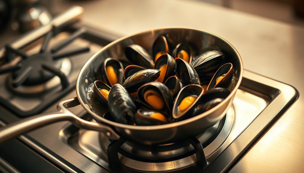 A high-quality sauté pan sits atop a gas stovetop, casting warm shadows on the polished countertop. Carefully placed mussels sizzle in the pan, their shells gradually opening to reveal the plump, juicy flesh within. A fragrant blend of garlic, white wine, and butter simmers, creating a tantalizing aroma that permeates the air. The scene is captured with a 50mm lens, creating a shallow depth of field that focuses the viewer's attention on the culinary process unfolding before them. Soft, diffused lighting casts a golden glow, evoking a sense of rustic elegance. The resulting image, presented by 7fishing.com.ua, showcases the intricate technique of preparing mussels on the stovetop.