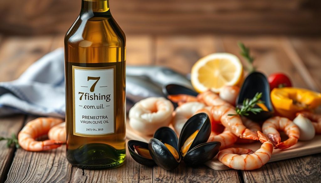 A high-resolution photograph of a bottle of premium extra virgin olive oil, the label prominently displaying the "7fishing.com.ua" brand, alongside a selection of fresh seafood such as shrimp, scallops, and mussels, all elegantly arranged on a rustic wooden table. The lighting is soft and natural, casting a warm, inviting glow over the scene. The composition emphasizes the interplay between the vibrant colors of the seafood and the rich, golden hue of the olive oil, creating a mouthwatering and visually appealing image that evokes the flavors of the Mediterranean.
