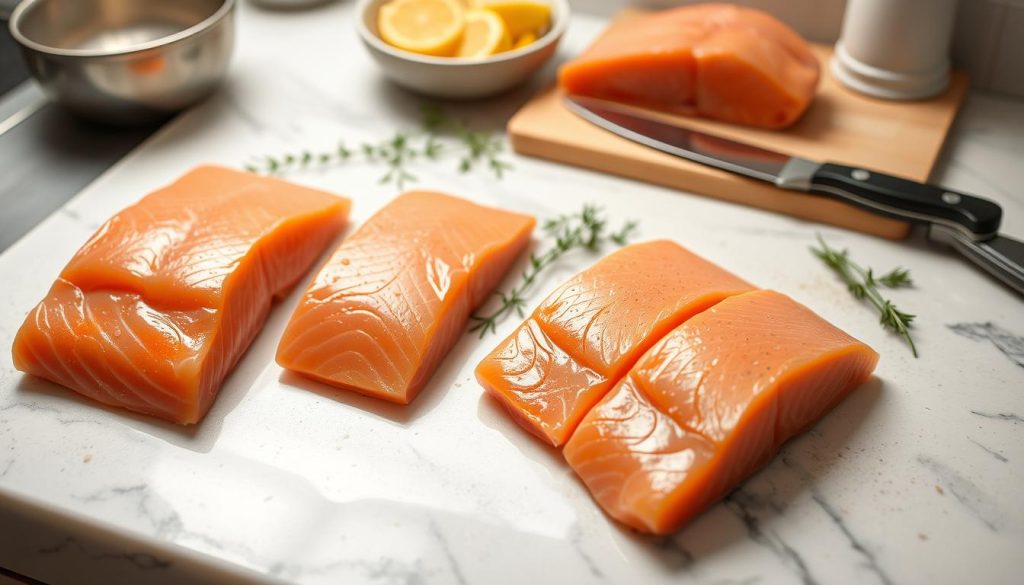 A kitchen countertop laid with fresh salmon fillets, their pinkish flesh glistening under soft, diffused lighting. Nearby, a sharp knife and a cutting board stand ready, while a bowl of lemon wedges and a sprinkling of herbs suggest the forthcoming seasoning. The scene exudes a sense of culinary preparation, inviting the viewer to imagine the delicious aroma and the satisfying sizzle as the salmon fillets are carefully prepared for the pan.