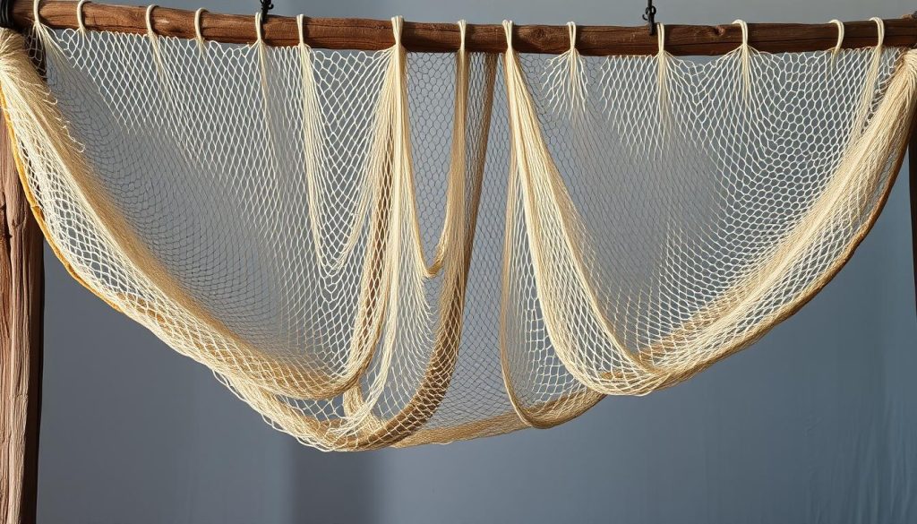 A large fishing net draped over a weathered wooden frame, its intricate mesh pattern casting dynamic shadows in the soft, even lighting. The net hangs suspended, its weight and scale conveying the essential tool of the fisherman's trade. The scene is set against a subtly blurred background, allowing the tactile quality of the net to take center stage. The overall composition evokes a sense of utility and craftsmanship, reflecting the practical nature of a 100m fishing net and its key parameters for selection. A large fishing net draped over a weathered wooden frame, its intricate mesh pattern casting dynamic shadows in the soft, even lighting. The net hangs suspended, its weight and scale conveying the essential tool of the fisherman's trade. The scene is set against a subtly blurred background, allowing the tactile quality of the net to take center stage. The overall composition evokes a sense of utility and craftsmanship, reflecting the practical nature of a 100m fishing net and its key parameters for selection.