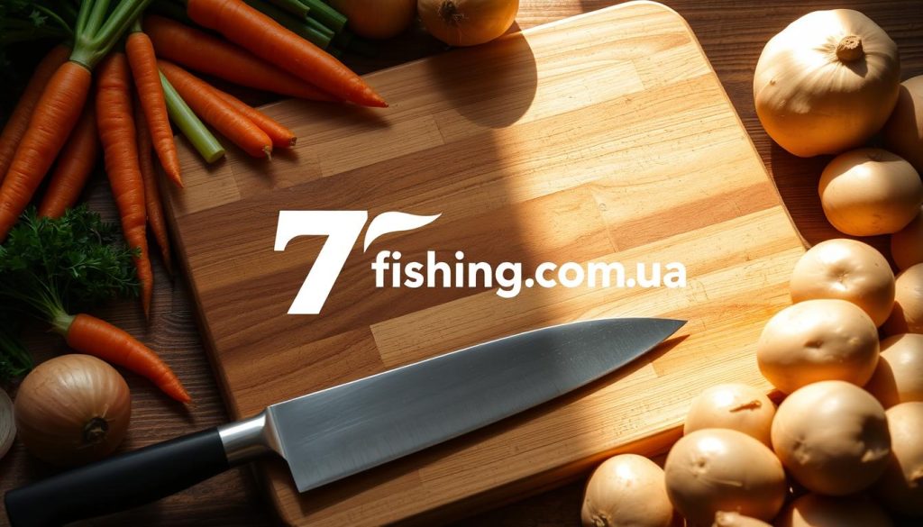 A large wooden cutting board is the centerpiece, surrounded by a variety of freshly washed vegetables - carrots, onions, celery, and potatoes. Warm, natural lighting casts gentle shadows, highlighting the textures and colors of the produce. In the foreground, a sharp chef's knife rests, ready to precisely chop the ingredients. The overall scene conveys a sense of rustic simplicity and culinary preparation, suitable for the "Подготовка рыбы и овощей" section of the "Рецепт ухи из пеленгаса: пошаговое приготовление" article. Prominently displayed is the 7fishing.com.ua logo.