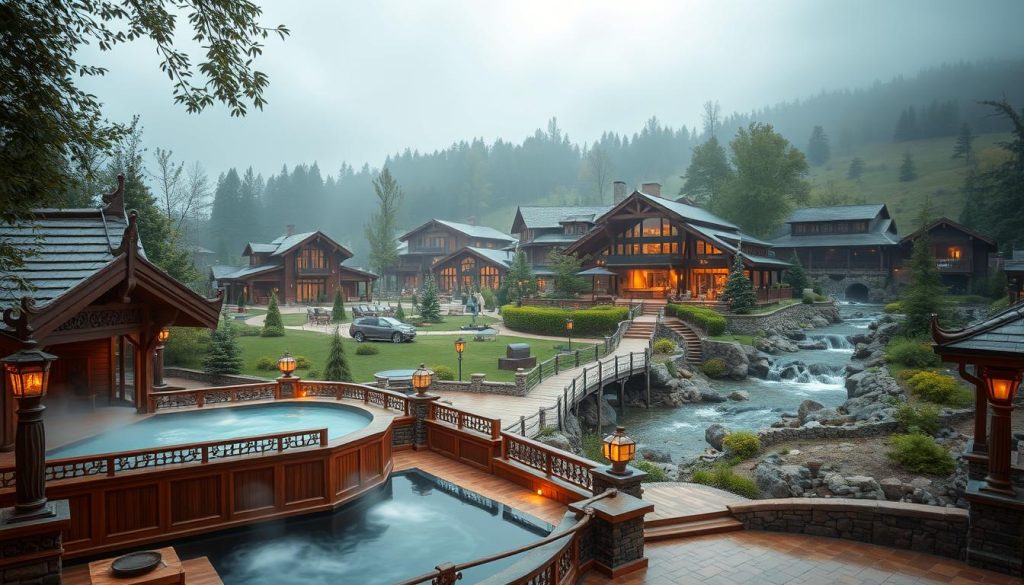 A lavish, well-appointed "банный комплекс" nestled in a serene natural setting. In the foreground, a traditional Russian-style bathhouse with intricate wooden carvings and a steaming outdoor pool. The middle ground features an array of enticing amenities: a cozy lounge with plush seating, a massage parlor, and a bar serving local delicacies. The background showcases lush, verdant landscaping with a gentle stream winding through. Soft, diffused lighting creates a warm, inviting atmosphere, while the high-quality, modern construction conveys a sense of luxury and sophistication. The scene embodies the pinnacle of relaxation and indulgence that a premium "банный комплекс" can offer.
