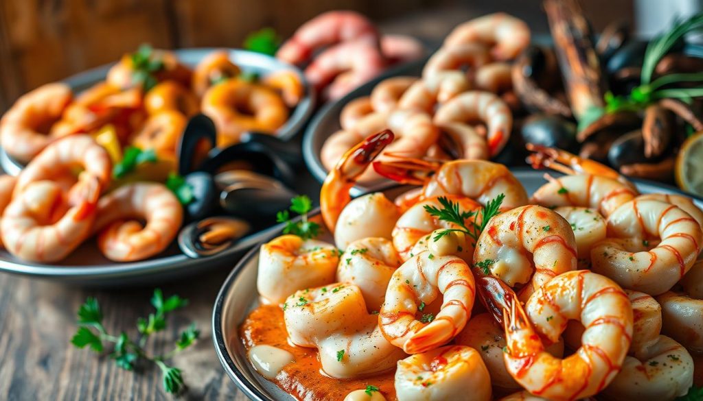 A lavishly styled seafood recipe spread featuring a variety of fresh shellfish. In the foreground, a beautifully arranged platter of juicy, glistening scallops and succulent shrimp, accented with vibrant herbs and a drizzle of rich, creamy sauce. In the middle ground, an assortment of other seafood delicacies, such as plump mussels and tender calamari, presented with artful elegance. The background showcases a rustic wooden table or surface, creating a warm, inviting atmosphere. Soft, diffused lighting highlights the natural colors and textures of the ingredients, evoking a sense of culinary sophistication. The overall scene radiates a mouthwatering appeal, perfectly capturing the essence of preparing and enjoying a decadent seafood dish.