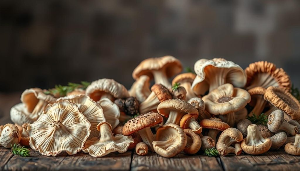 A lush, earthy arrangement of oyster mushrooms (vesheski) and an assortment of other wild mushrooms, meticulously captured in a soft, natural light. The mushrooms are displayed on a rustic wooden surface, their intricate textures and delicate hues accentuated by the careful composition. The background features a blurred, atmospheric setting, conveying a sense of tranquility and culinary inspiration. The image evokes the essence of the recipe section, inviting the viewer to explore the versatility and simplicity of cooking with these flavorful fungi.