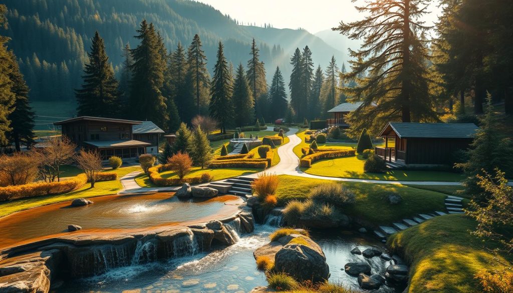 A lush mountain landscape in the Carpathians, with a traditional wooden sanatorium nestled among the rolling hills. The foreground features a tranquil natural spring, its clear waters bubbling up from the earth. In the middle ground, well-manicured paths wind through the grounds, leading to various wellness facilities - an inviting spa, a modern hydrotherapy center, and cozy treatment rooms. The background is dotted with tall, evergreen trees, their branches casting dappled shadows across the scene. Warm, golden sunlight filters through the foliage, creating a serene and rejuvenating atmosphere. The overall mood is one of relaxation, restoration, and the restorative power of nature.