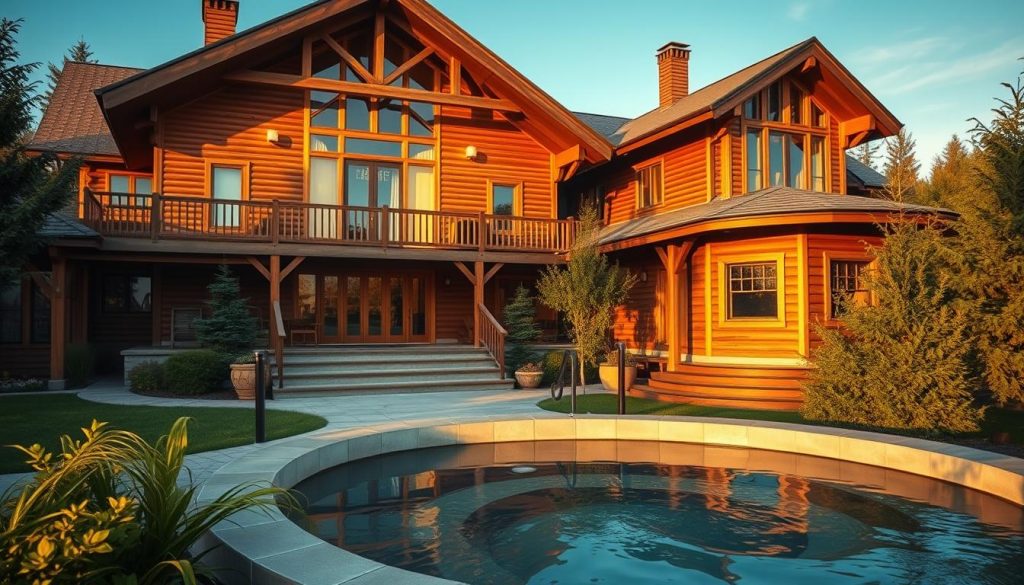 A luxurious banya complex nestled in a serene Ukrainian landscape, its wooden facade gleaming in the afternoon sun. The main building features a grand entrance, leading to a warm, inviting interior with high ceilings and traditional decor. In the foreground, a tranquil outdoor jacuzzi is surrounded by lush greenery, inviting guests to relax and unwind. The scene is bathed in soft, golden lighting, creating a cozy and inviting atmosphere. The overall composition evokes a sense of rustic elegance and calm, perfectly capturing the essence of a premium banya retreat.