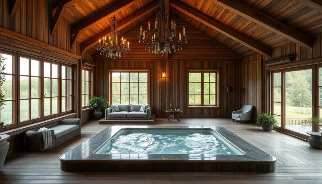 A luxurious bathhouse complex nestled in the picturesque Ukrainian countryside, featuring a serene outdoor jacuzzi. The weathered wooden facade blends seamlessly with the lush, verdant landscape. Soft, diffused natural light filters through the large windows, illuminating the cozy, inviting interior. Ornate chandeliers and plush, modern furnishings create an elegant, yet relaxing ambiance. The jacuzzi, surrounded by tranquil greenery, offers a perfect haven for guests to unwind and rejuvenate. Attention to detail is evident in the thoughtful design, combining traditional Ukrainian elements with contemporary sophistication. This serene retreat promises a truly exceptional bathing experience, catering to those seeking rest, relaxation, and indulgence.