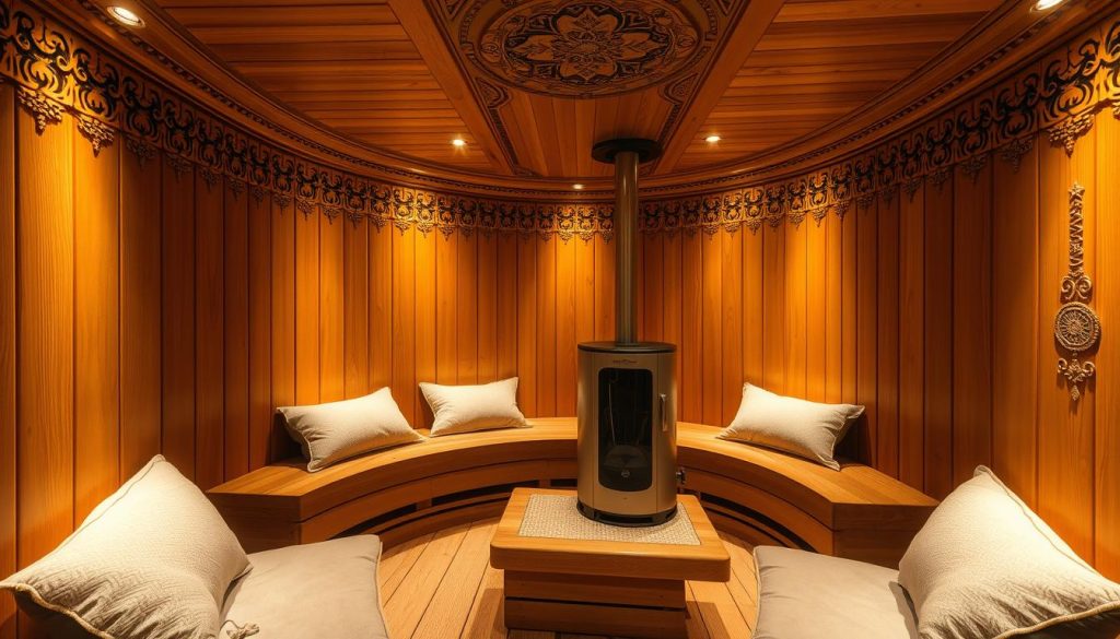 A luxurious sauna with an exquisite, custom-designed interior. The room is bathed in a warm, amber glow, creating a cozy and inviting atmosphere. Intricate wooden paneling lines the walls, with intricate carvings and patterns that add a touch of elegance. The sauna stove is a focal point, its sleek, modern design complementing the overall aesthetic. Soft, plush seating is arranged around the stove, inviting visitors to relax and unwind. The lighting is subtle and atmospheric, with recessed fixtures casting a gentle illumination. The overall impression is one of exclusivity, comfort, and a deep connection to the natural world.