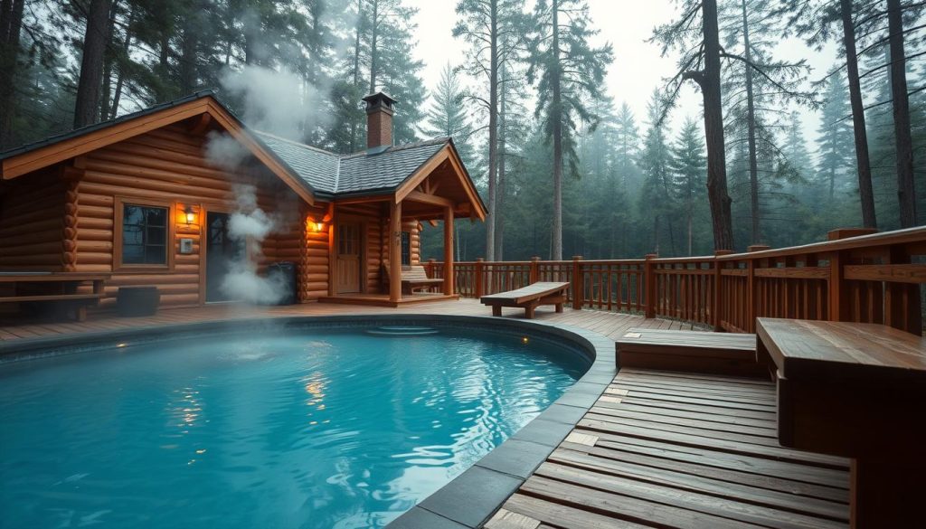 A luxurious traditional Russian bathhouse, or "banya", situated in a serene forest setting. The banya's wooden exterior blends seamlessly with the surrounding trees, exuding rustic charm. Steam wafts from the chimney, hinting at the warmth and relaxation within. The foreground showcases a tranquil aqua zone, with a glistening pool reflecting the natural environment. Soft, diffused lighting creates a soothing, intimate atmosphere, while wooden benches and accents evoke the authentic banya experience. The overall scene conveys a sense of exclusive, high-end wellness and relaxation amidst the beauty of nature.