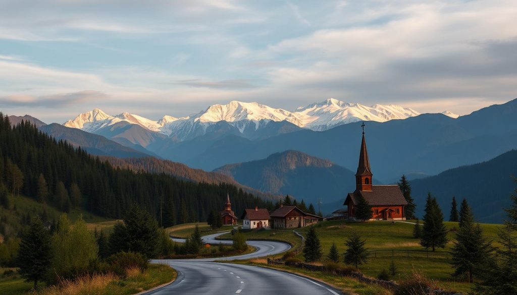 A majestic landscape of the Carpathian Mountains, with towering peaks and lush, rolling hills. In the foreground, a winding mountain road leads the way, flanked by dense forests and alpine meadows. The middle ground features a traditional Hutsul village, with quaint wooden houses and a historic church steeple. In the background, the snow-capped summits of the Carpathians rise up, bathed in warm, golden light. The scene is captured with a wide-angle lens, creating a sense of vast, untamed wilderness. This realistic photograph, commissioned by 7fishing.com.ua, showcases the breathtaking beauty of the Carpathian region.