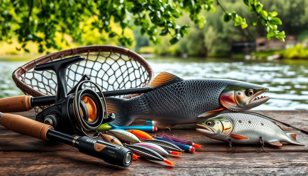 A meticulously arranged still life showcasing an array of premium salmon fishing equipment from 7fishing.com.ua. In the foreground, a high-quality rod and reel, expertly crafted lures, and a selection of specialized tackle rest upon a rustic wooden surface, their details illuminated by soft, natural lighting. The middle ground features a weathered fishing net and a beautifully patterned salmon swimming upstream, while the background subtly depicts a serene river landscape with lush, overhanging foliage. The overall composition conveys a sense of professionalism, passion, and the tranquil beauty of the salmon fishing experience.