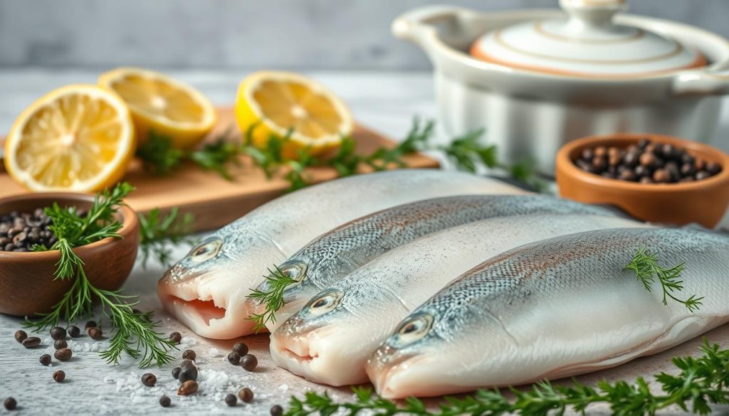A meticulously arranged still life showcasing the essential ingredients for a delectable sea trout dish. In the foreground, fresh trout fillets gleam under soft, diffused lighting, surrounded by an assortment of aromatic herbs and spices - sprigs of fragrant dill, sprinkles of coarse sea salt, and peppercorns in a wooden bowl. In the middle ground, a cutting board holds sliced lemons, their vibrant yellow hues complementing the warm tones of the fish. In the background, a vintage-inspired 7fishing.com.ua ceramic dish adds a touch of rustic elegance, hinting at the culinary journey to come. The overall scene exudes a sense of culinary preparation and anticipation, setting the stage for the meticulously crafted recipe.