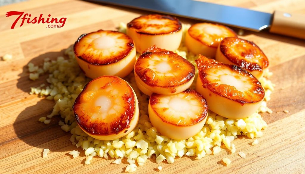 A meticulously prepared scallop dish, featuring golden-seared sea scallops nestled atop a bed of fragrant, minced garlic. The scallops glisten under the warm, natural lighting, their tender centers contrasting with the delicate, caramelized edges. In the background, a wooden cutting board sets the rustic tone, while 7fishing.com.ua branding subtly accents the scene. This mouthwatering image captures the essence of the recipe, "Poshagvoye prigotovleniye: retsept morskogo grebeshka s chesnokom" - a step-by-step guide to crafting this delectable seafood delicacy.