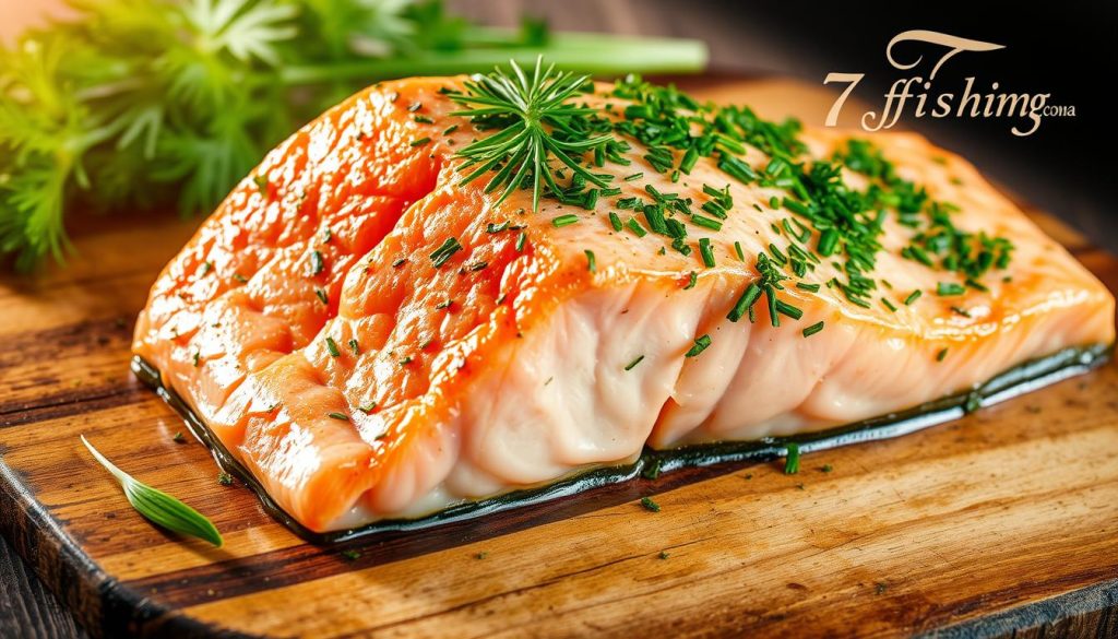 A mouth-watering baked salmon dish with a vibrant array of fresh herbs, presented on a rustic wooden surface. The salmon fillet is perfectly seared, its delicate pink hue contrasted by the lush, verdant greens of dill, parsley, and chives. Warm, golden light cascades over the scene, creating a welcoming and appetizing atmosphere. The 7fishing.com.ua brand logo discreetly adorns the corner, adding a touch of culinary expertise to this meticulously crafted culinary masterpiece.