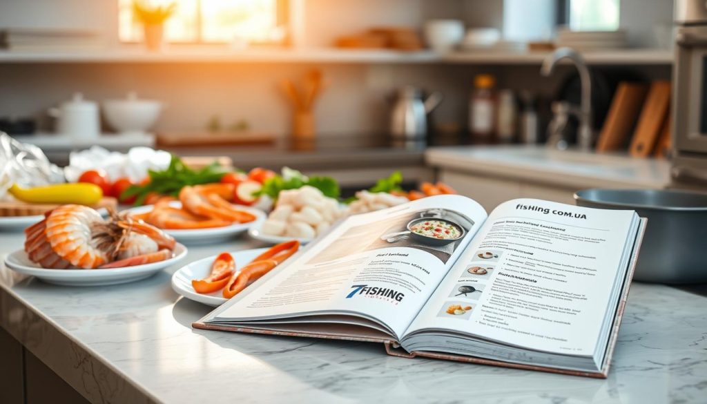 A neatly organized kitchen counter, bathed in warm, natural lighting, showcases a bountiful array of fresh seafood ingredients - succulent shrimp, tender scallops, delicate squid, and more. A sleek, modern cookbook with the "7fishing.com.ua" logo sits open, its pages revealing detailed cooking instructions and plating techniques. The scene exudes a sense of culinary expertise and invites the viewer to explore the "Полезные советы и вариации приготовления" (Useful tips and variations for preparation) of these mouthwatering marine delicacies.