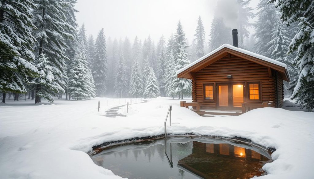 A peaceful and serene Russian banya (sauna) nestled in a snowy forest. In the foreground, a traditional wooden structure with a steam-filled interior, its windows glowing warmly. A small pool of clear water reflects the scene. In the middle ground, a path leading through the snow-covered pines, steam rising from the banya's chimney. The background is a dense, evergreen forest blanketed in pristine white snow, a picturesque winter landscape. Soft, diffused natural lighting illuminates the scene, creating a cozy and inviting atmosphere. The image captures the essence of the traditional Russian baths, their restorative and relaxing effects on the body and mind.