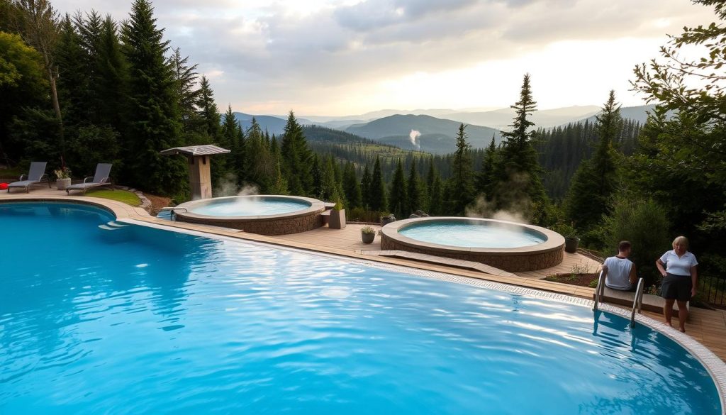 A peaceful outdoor oasis, a swimming pool and hot tubs nestled within a lush natural setting. The foreground features crystal-clear azure waters gently lapping at the edges, inviting visitors to immerse themselves. In the middle ground, curvaceous hot tubs steam, surrounded by natural stone and wooden accents that blend seamlessly with the environment. The background is a panorama of rolling hills, dense evergreen forests, and a picturesque sky painted with soft, diffused lighting, creating a serene, spa-like ambiance. The scene exudes a sense of tranquility and relaxation, perfectly capturing the essence of the "Дворец здоровья" health resort's bath house complex.