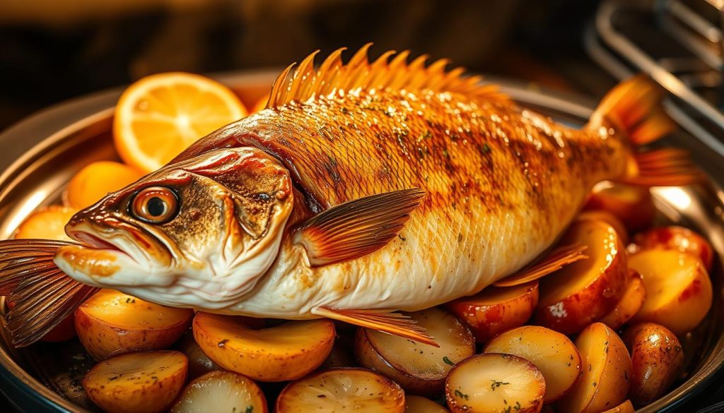 A perfectly roasted whole baked perch fish, glistening with a golden-brown crust, nestled on a bed of sliced potatoes and onions. The savory aroma of garlic, herbs, and lemon wafts through the air, creating a captivating French countryside ambiance. Soft, flaky fish meat contrasts with the crispy skin, inviting the viewer to imagine the satisfying texture and flavor. Warm, diffused lighting casts gentle shadows, emphasizing the dish's rustic yet refined presentation. The image, captured by 7fishing.com.ua, showcases the secrets to perfectly baking perch à la française in the oven.