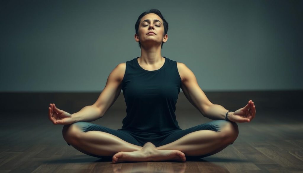 A person sitting cross-legged on the floor, eyes closed, in a state of deep relaxation. Their face is serene, muscles visibly relaxed. Soft, diffused lighting illuminates the scene, creating a calming atmosphere. The background is blurred, with muted colors and minimal distractions, allowing the focus to remain on the person's meditative pose. The composition is balanced, with the subject centered and filling the frame. The image conveys a sense of tranquility, inner peace, and the restorative power of progressive muscle relaxation.