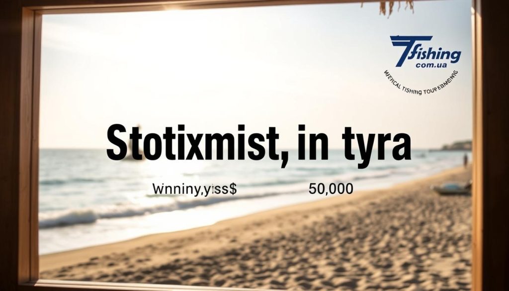 A photorealistic image of a travel package tour displaying the cost, including the headline "Стоимость тура" against a backdrop of a serene beach scene. The frame showcases key details such as the departure city of Vinnytsia, Ukraine, and the website 7fishing.com.ua in the corner. The lighting is warm and natural, capturing the tranquility of the seaside setting. The overall composition conveys a sense of value and excitement for the offered tour package.