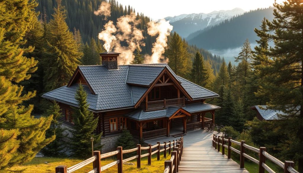 A picturesque Carpathian bathhouse nestled amidst lush pine forests, its wooden facade aglow in the soft, warm light of the afternoon sun. Wisps of steam drift from the ornate chimneys, hinting at the soothing, restorative rituals within. The structure's intricate carvings and sloping roofs evoke the rich cultural heritage of the region, while the surrounding landscape of rolling hills and snow-capped peaks creates a serene, restorative atmosphere. Inviting wooden pathways lead visitors towards the entrance, where the promise of therapeutic waters and revitalizing treatments awaits. This scene captures the essence of the Carpathian baths, their power to heal and rejuvenate the body and spirit.