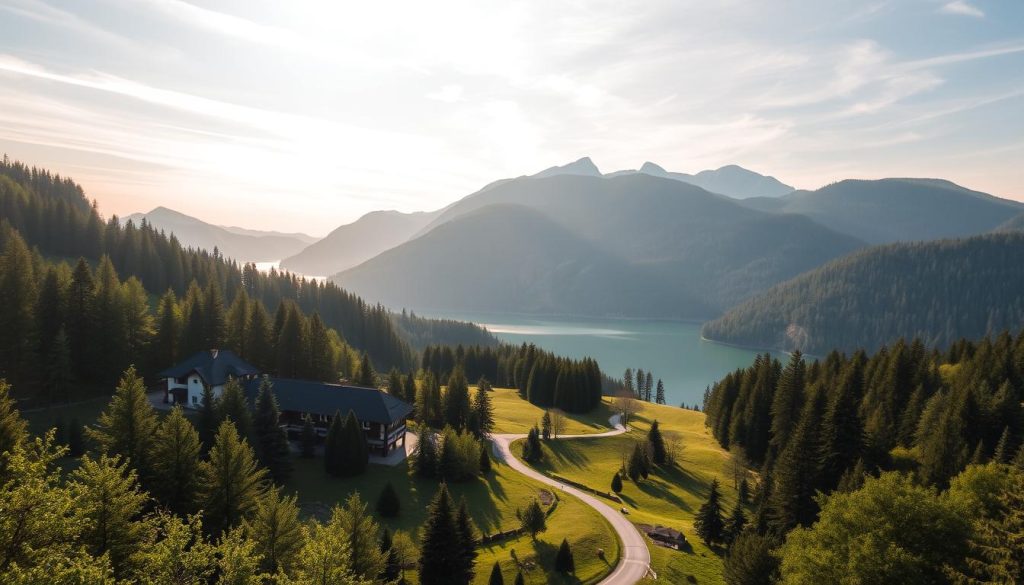 A picturesque landscape of the Carpathian Mountains, showcasing the serene beauty and natural healing power of the region. In the foreground, a well-maintained sanatorium nestled among lush, verdant forests, its traditional architecture blending seamlessly with the surrounding nature. In the middle ground, a winding path leads towards a serene lake, its glassy surface reflecting the towering peaks in the distance. The sky is a soft, hazy blue, with wispy clouds casting gentle shadows over the scene. The lighting is warm and golden, evoking a sense of tranquility and rejuvenation. The overall atmosphere is one of harmony, where the natural elements and the built environment coexist in perfect balance, promising a restorative and therapeutic experience for visitors.