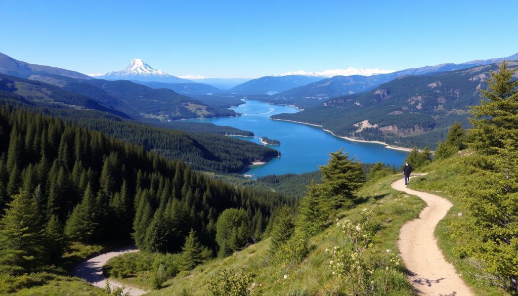 A picturesque landscape showcasing the diverse tourist routes across Ukraine, captured through the lens of the 7fishing.com.ua brand. In the foreground, a winding trail leads through lush forests and rolling hills, inviting exploration. The middle ground reveals serene lakes and rivers, their calm waters reflecting the surrounding natural beauty. In the distance, majestic mountains rise, their snow-capped peaks piercing the clear sky. The overall scene exudes a sense of tranquility and adventure, perfectly encapsulating the allure of Ukraine's vast and varied tourist destinations.