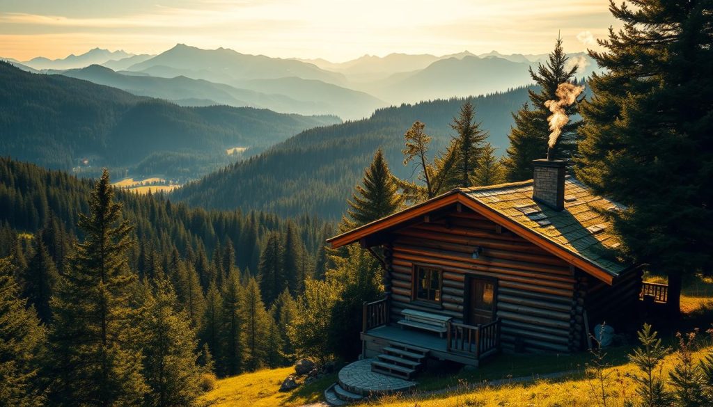 A picturesque mountain landscape in the Carpathians, with lush green forests, rolling hills, and snow-capped peaks in the distance. In the foreground, a cozy wooden cabin nestled amidst the trees, its rustic charm inviting visitors to experience the tranquility of the region. Wisps of steam rise from the chimney, hinting at the relaxing warmth within, where a traditional sauna and rejuvenating treatments await. The scene is bathed in warm, golden sunlight, casting a serene and rejuvenating atmosphere, perfectly capturing the essence of a wellness retreat in the heart of the Carpathian mountains.