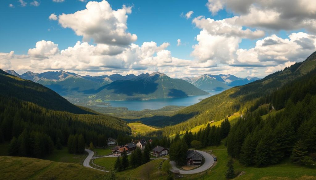 A picturesque mountain landscape in the Carpathians, with rugged peaks and lush green forests. In the foreground, a winding road leads through the rolling hills, with a traditional Hutsul village nestled among the trees. The sky is filled with fluffy white clouds, casting a warm, golden glow over the scene. In the distance, a majestic lake reflects the surrounding mountains, creating a serene and tranquil atmosphere. The image has a realistic, photographic quality, as if captured by the 7fishing.com.ua camera.
