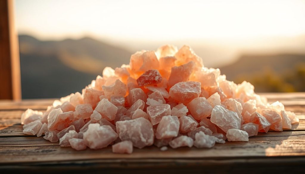 A pile of natural Himalayan pink salt crystals, artfully arranged on a wooden surface. The crystals catch the warm, soft lighting, casting a cozy, inviting glow. The irregular shapes and varying hues of the salt create a mesmerizing, textural display. In the background, a blurred, serene landscape of rolling hills or mountains suggests a peaceful, retreat-like setting. The overall atmosphere evokes a sense of wellness, relaxation, and the restorative power of nature's elements.
