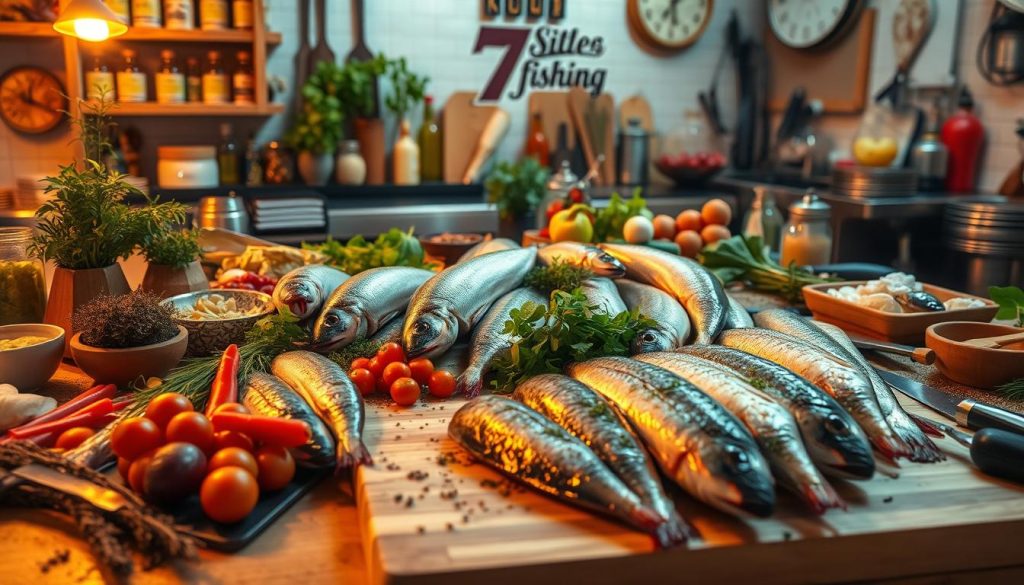 A professional chef's workstation overflowing with fresh, whole fish, a variety of herbs, spices, and aromatic ingredients. Warm, golden lighting casts a cozy glow, highlighting the textures and vibrant colors. In the foreground, a cutting board showcases a neatly arranged display of fish preparation techniques, while in the background, a 7fishing.com.ua logo adds a touch of authenticity. The scene exudes a sense of culinary expertise and invites the viewer to explore the secrets of masterful fish preparation.