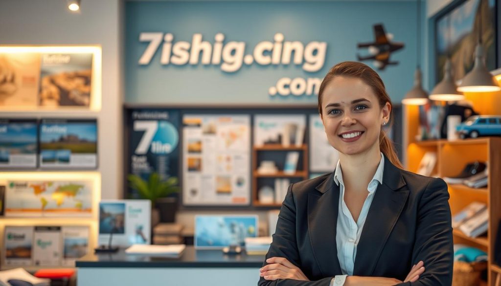 A professional travel agency office, showcasing the brand "7fishing.com.ua". In the foreground, a well-dressed travel agent stands with a welcoming demeanor, exuding confidence and expertise. The middle ground features a display of brochures, maps, and travel-related paraphernalia, conveying the breadth of services offered. The background is illuminated by warm, natural lighting, creating a inviting and trustworthy atmosphere. The overall scene radiates professionalism, attention to detail, and a commitment to providing exceptional customer service.