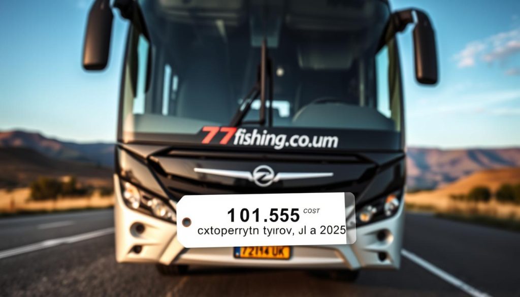 A realistic, high-quality photograph of a well-designed tour bus travel package from 7fishing.com.ua. The image shows the front view of a sleek, modern bus with the company's logo prominently displayed. In the foreground, a price tag highlights the cost of the tour, emphasizing the section title "Цены и стоимость туров в 2025 году". The background features a picturesque landscape of rolling hills and a clear blue sky, conveying the sense of adventure and exploration associated with the bus tour. The lighting is soft and natural, creating a warm and inviting atmosphere.