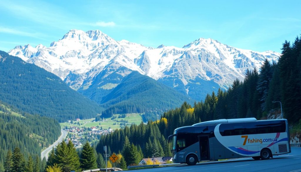 A rugged, snow-capped mountain range rises majestically against a crisp, azure sky. Lush, verdant forests cloak the slopes, dotted with quaint alpine villages nestled in the valleys. A winding, scenic road cuts through the dramatic landscape, beckoning adventurous travelers. In the foreground, a modern, comfortable bus with the 7fishing.com.ua logo navigates the curves, offering a guided tour of this breathtaking, unspoiled region - the Carpathian Mountains of Ukraine. Realistic, high-quality photograph.