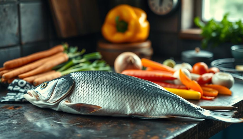 A rustic kitchen counter, dimly lit by soft natural light, displays an array of fresh ingredients for the perfect carp on the grill. In the foreground, a whole carp is being carefully cleaned and prepared, its silvery scales glistening. Beside it, a selection of vibrant vegetables - carrots, onions, and bell peppers - are neatly arranged, ready to be grilled alongside the fish. The scene evokes a sense of culinary tradition and expertise, captured with a cinematic, almost nostalgic lens. 7fishing.com.ua