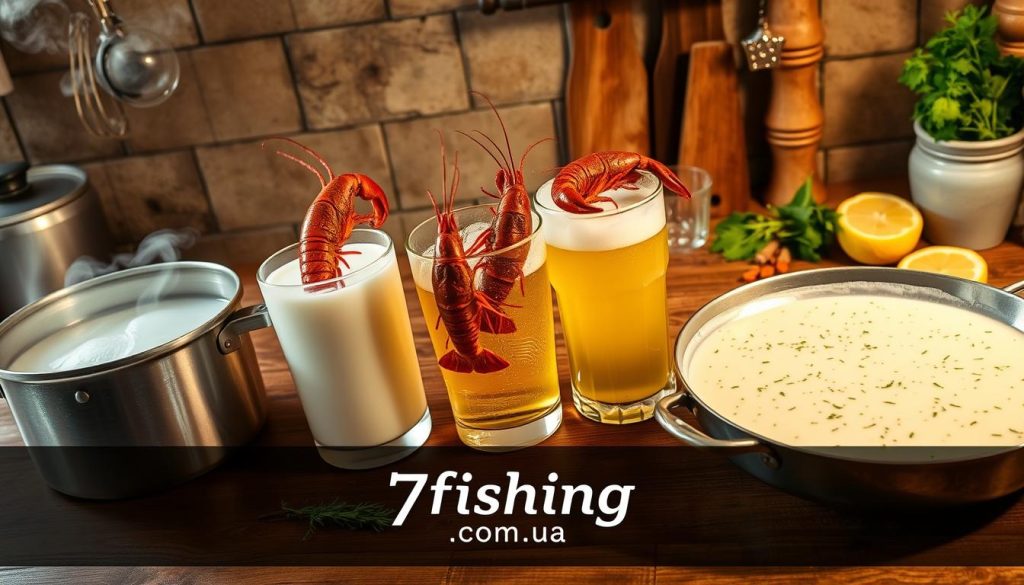 A rustic kitchen counter, with a large pot of boiling water, steam rising up. Alongside, three different cooking vessels - a mug of milk, a glass of beer, and a shallow pan with a creamy sauce. Fresh crayfish are being added to each, as an array of herbs, spices, and lemon slices provide aromatic accents. Warm, golden lighting illuminates the scene, creating a cozy, homemade atmosphere. In the foreground, the 7fishing.com.ua logo is discreetly displayed, hinting at the source of these alternative cooking techniques.
