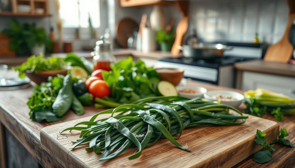 A rustic kitchen countertop, layered with an array of fresh ingredients - frozen sea kelp, vibrant green leaves, sliced vegetables, and a variety of seasonings. Soft, natural lighting from a nearby window casts a warm glow, highlighting the textures and colors of the scene. In the foreground, a wooden cutting board displays neatly arranged sea kelp, its fronds cascading gracefully. The middle ground features a collection of cooking utensils, small bowls, and a sizzling pan on the stovetop, hinting at the delectable dishes to come. The background blurs into a cozy, inviting kitchen interior, with hints of shelving and cabinetry visible. The overall atmosphere conveys a sense of culinary inspiration and the joy of preparing wholesome, seafood-based meals.