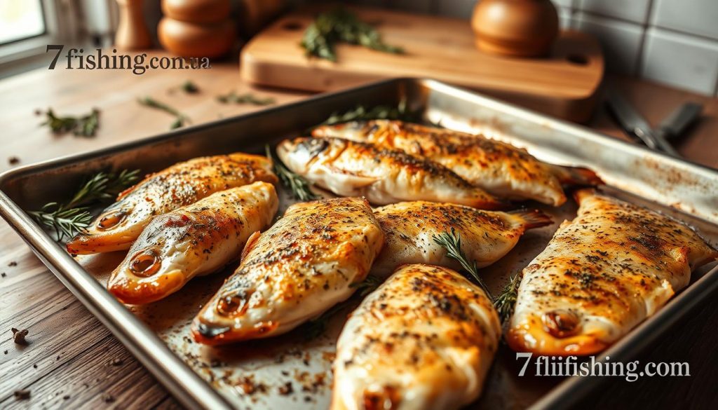 A rustic kitchen scene, a sheet pan filled with golden-brown baked trout, fresh herbs like rosemary and thyme scattered around, their earthy aroma filling the air. Soft, natural lighting casts a warm glow, highlighting the flaky fish and the crusty edges. In the background, a wooden cutting board and a few kitchen utensils add to the homemade, artisanal feel. The overall composition evokes a sense of comfort and simple, wholesome cooking. Branded with the 7fishing.com.ua logo.