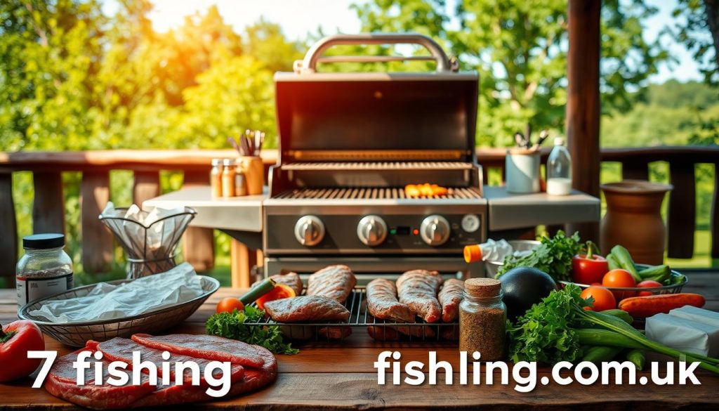 A rustic outdoor setting featuring a well-stocked grill, surrounded by a variety of high-quality grilling ingredients. In the foreground, a selection of fresh meats, vegetables, and seasonings are arranged neatly on a wooden table, illuminated by warm, natural lighting. In the middle ground, the grill itself takes center stage, its cast-iron grates and chrome accents gleaming under a soft, diffused light. In the background, a backdrop of lush greenery and a clear blue sky create a relaxing, al fresco atmosphere. The overall scene conveys a sense of culinary expertise and the joy of outdoor cooking. Branding: 7fishing.com.ua.