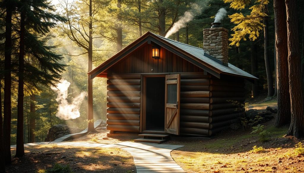 A rustic wooden bathhouse nestled in a lush forest, its steam-filled interior visible through the open door. The exterior features a traditional pitched roof, weathered boards, and a stone chimney gently puffing smoke. Sunlight filters through the surrounding trees, casting a warm, golden glow on the scene. In the foreground, a winding path leads to the bathhouse, inviting visitors to step inside and experience the tranquility of nature-based relaxation. The overall atmosphere evokes a sense of timeless tradition, rejuvenation, and harmony with the natural world.