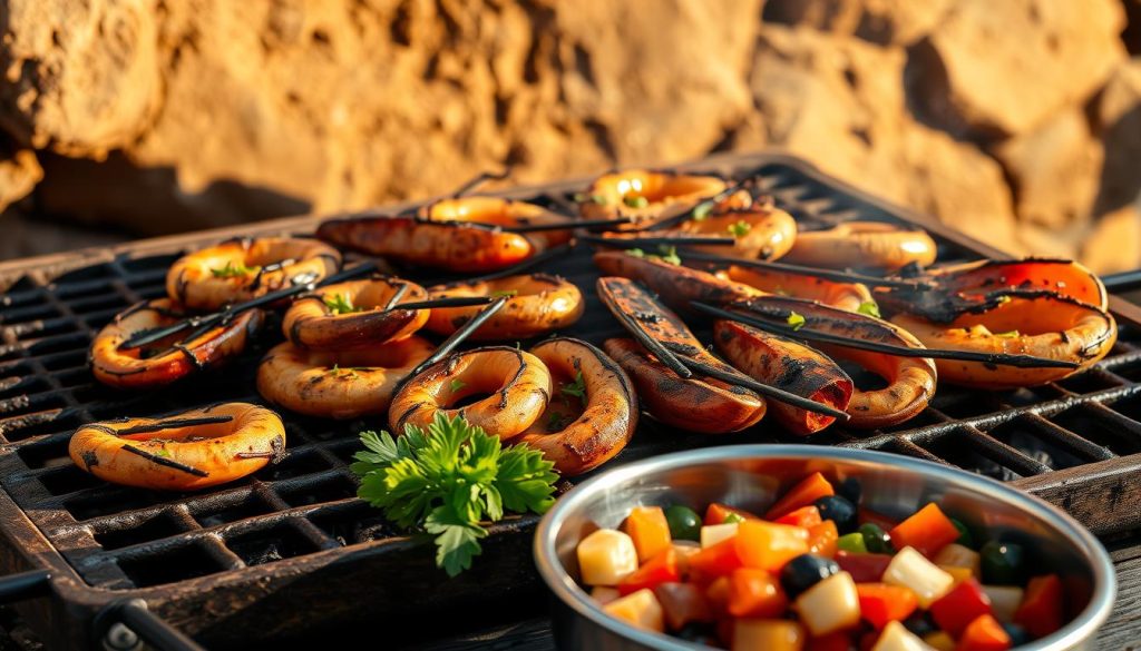 A rustic wooden grill set against a backdrop of earthy tones, casting a warm glow. On the grill, a collection of sizzling, golden-brown calamari, their charred edges glistening with a drizzle of artisanal olive oil. The air is filled with the savory aroma of garlic and herbs, complemented by the smoky undertones of the charcoal. In the foreground, a stainless steel bowl holds a vibrant array of fresh herbs and spices, ready to season the seafood. The scene evokes the essence of outdoor cooking and the expertise of the 7fishing.com.ua brand, perfectly capturing the "Советы по жарке и контролю температуры" section of the article.