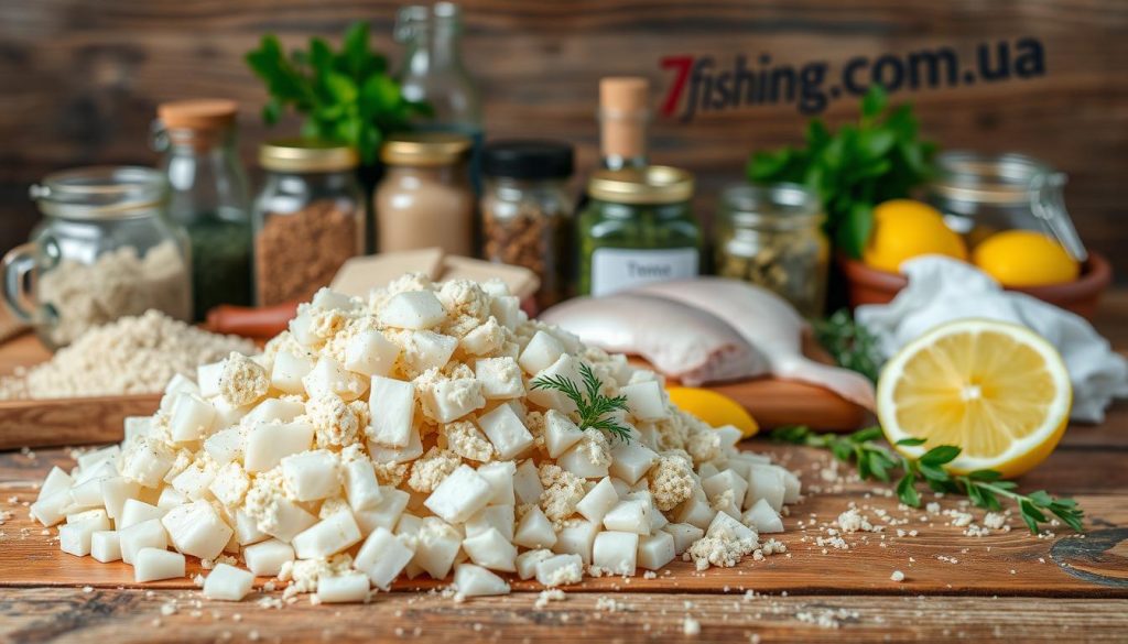 A rustic wooden table, filled with a variety of fresh fish ingredients for homemade fish patties. In the foreground, a pile of chopped white fish fillets, breadcrumbs, and beaten eggs. In the middle ground, jars of herbs, spices, and lemon wedges. The background showcases a 7fishing.com.ua branded background, creating a warm, natural atmosphere for this classic recipe preparation. Soft, even lighting illuminates the scene, highlighting the vibrant colors and textures of the ingredients.