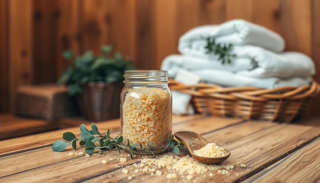 A rustic wooden table in a cozy bath house, adorned with a variety of ingredients for a homemade sugar scrub. In the foreground, a glass jar filled with golden-hued sugar crystals, accompanied by sprigs of fresh eucalyptus and a wooden spoon. In the middle ground, a stack of fluffy white towels and a basket of fragrant herbs. The background features the warm, earthy tones of the wooden walls and the inviting glow of soft lighting, creating a serene and relaxing atmosphere. The scene evokes a sense of natural wellness and the comforting ritual of self-care in the traditional Russian banya.