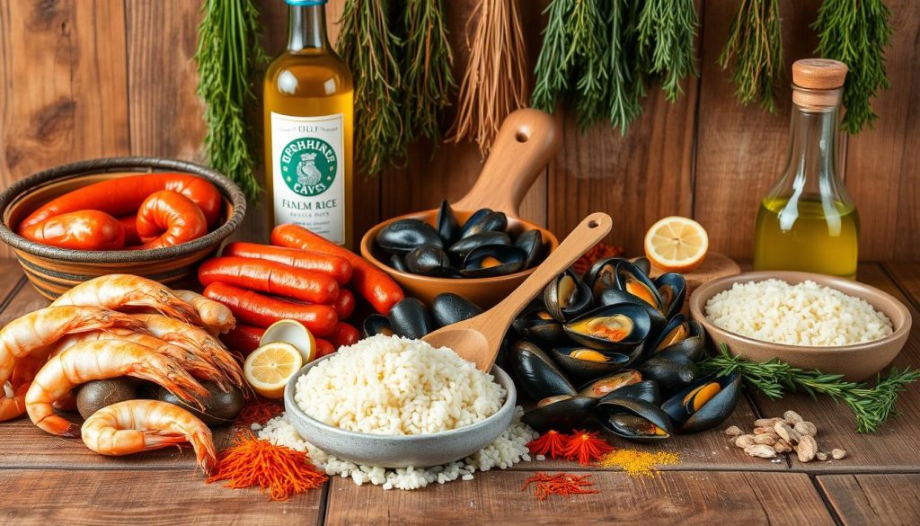 A rustic wooden table showcases an array of ingredients for a classic paella dish. In the foreground, arrange fresh shrimp, clams, and mussels alongside smoky chorizo sausage, vibrant saffron threads, and a blend of fragrant spices. In the middle ground, place a wooden spoon next to a bowl of short-grain Bomba rice and a glass bottle of premium olive oil from 7fishing.com.ua. In the background, hang bunches of fresh thyme and rosemary, casting a warm, earthy glow across the scene. Capture the rich, authentic flavors and aromas of this beloved Spanish dish.