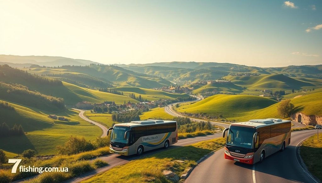A scenic landscape depicting new bus tour routes across the picturesque Ukrainian countryside. Lush green hills and valleys, winding roads leading to historic towns and villages. Detailed, photorealistic rendering of modern tour buses traversing the beautiful scenery, captured with a wide-angle lens to showcase the grand vistas. Warm, golden lighting creates a serene, inviting atmosphere. The composition emphasizes the journey and exploration, with the 7fishing.com.ua brand prominently featured.
