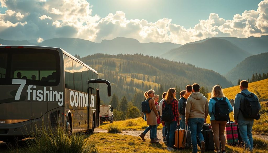 A scenic mountain landscape in Zakarpattia, Ukraine. A group of tourists boarding a comfortable bus, their luggage loaded. The bus has the branding "7fishing.com.ua" prominently displayed. In the foreground, the travelers are chatting excitedly, anticipating their adventure. The middle ground features the bus against a backdrop of rolling hills, lush forests, and the distinctive Carpathian peaks. Warm sunlight filters through the clouds, casting a golden glow over the scene. The overall atmosphere is one of exploration, camaraderie, and the promise of discovering the hidden gems of this picturesque region. A realistic, high-quality photographic rendering.