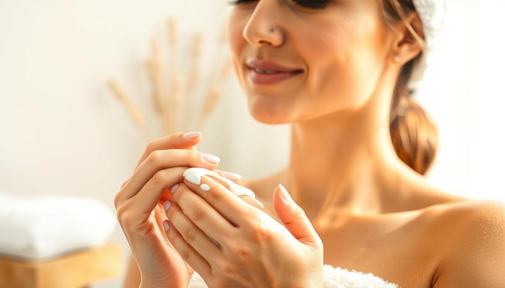 A serene and intimate scene of a woman's hands gently massaging a moisturizing cream into her glowing, refreshed skin after a luxurious sugar scrub treatment. Soft, diffused natural light illuminates the tranquil moment, casting a warm, soothing glow. The foreground features the woman's delicate fingers smoothing the rich, nourishing balm across her complexion, while the middle ground showcases her relaxed, peaceful expression. The background subtly blurs, creating a sense of calming isolation, allowing the viewer to focus on the self-care ritual. The entire composition evokes a spa-like atmosphere of relaxation and rejuvenation.